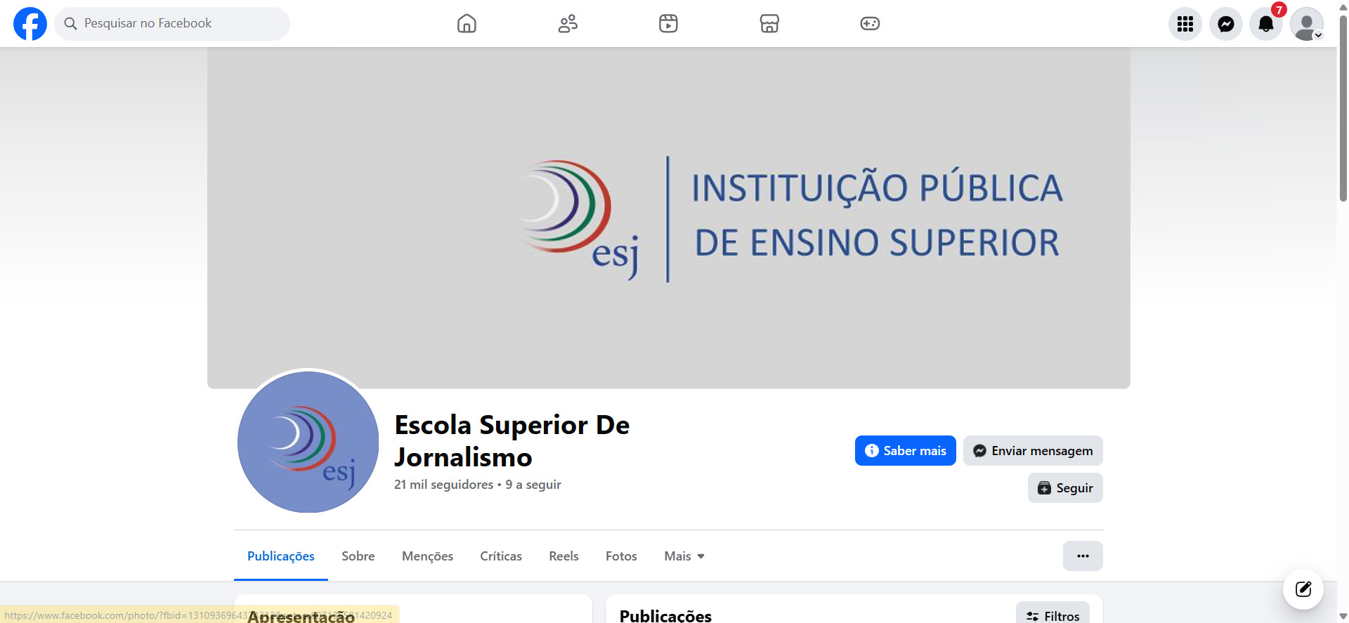 Facebook ---->  Escola Superior de Jornalismo (ESJ)