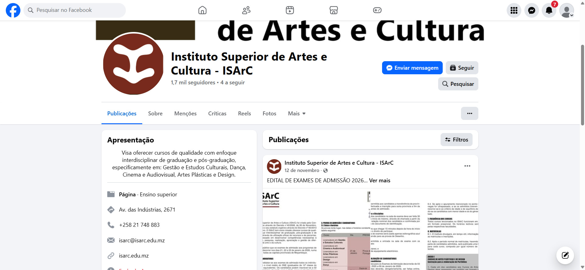 Facebook: Instituto Superior de Artes e Cultura (ISArC)