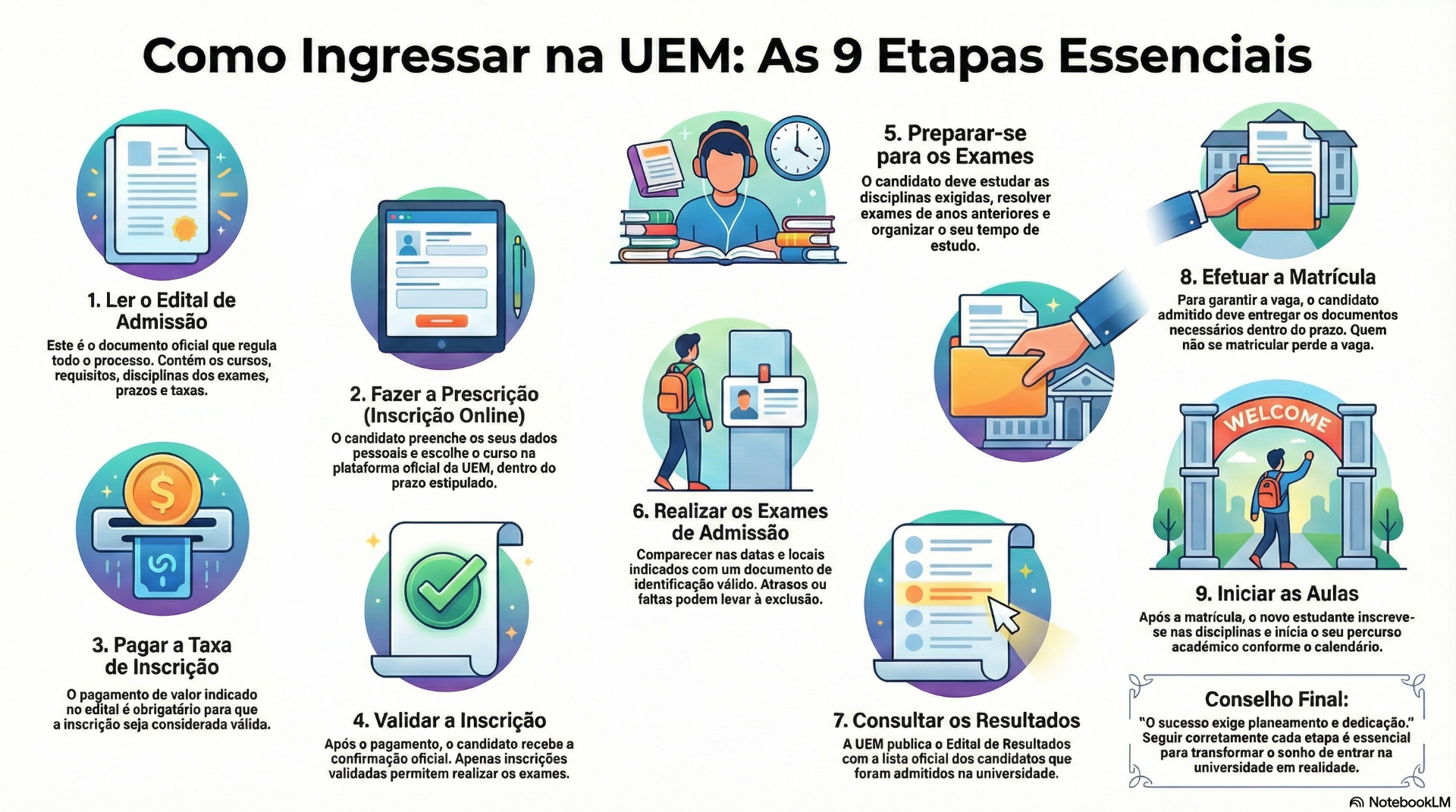  principais etapas do processo de admissão à Universidade Eduardo Mondlane (UEM),