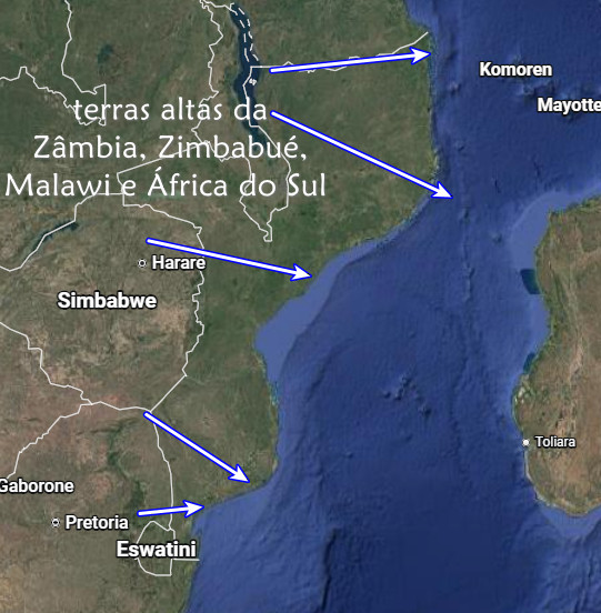 terras altas da Zâmbia, Zimbabué, Malawi e África do Sul